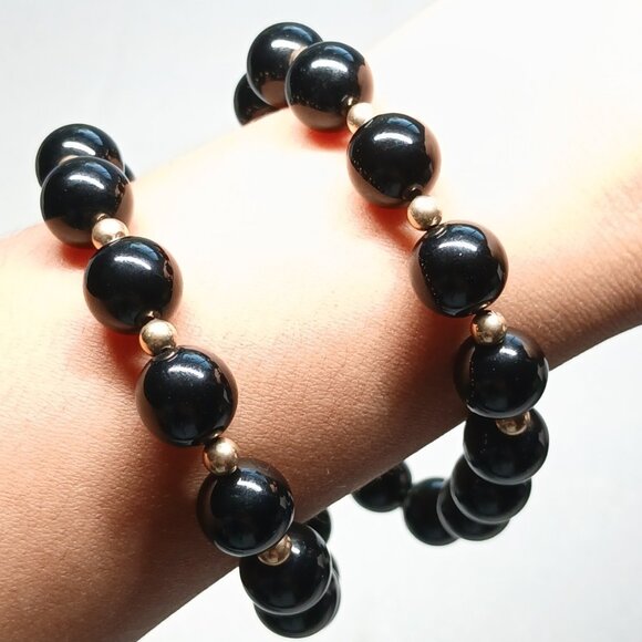 14K Yellow Gold Black Onyx Bead Double Strand Bracelet 8" 41.9g Estate VGUC - Picture 9 of 15